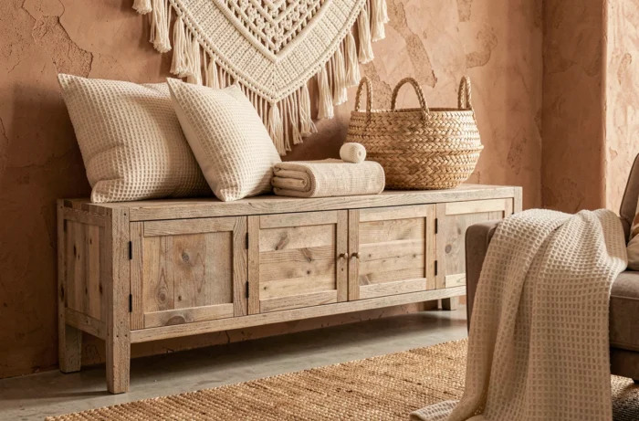 Accessoires de décoration en textile gaufré et tressage XXL : macramé, coussin gaufrée, panier en jonc et plaid tressé