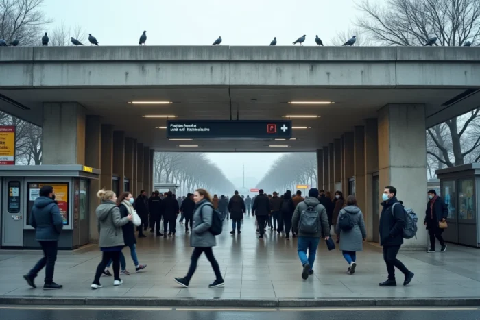 Entrée de la station RER Créteil-Préfecture avec des voyageurs en mouvement, transports en commun urbains