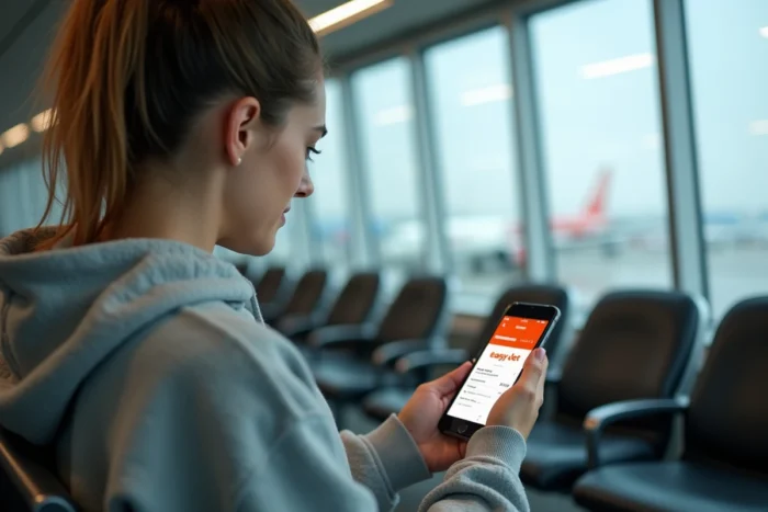 Jeune femme vérifiant sa confirmation de réservation easyJet sur smartphone dans un salon d'aéroport avant son vol pour Venise