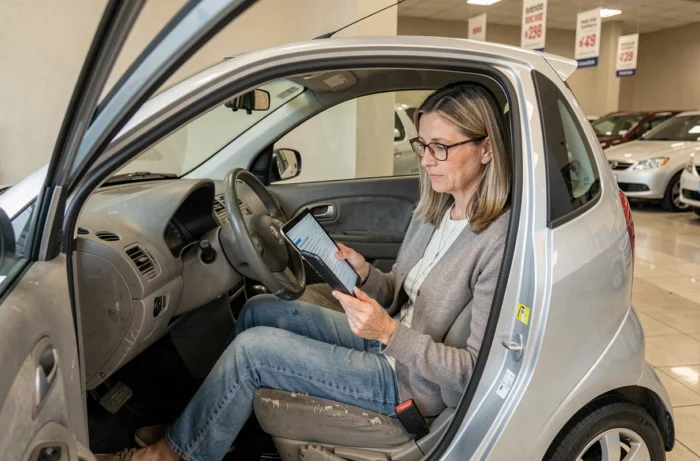 Femme examinant l'historique d'un véhicule d'occasion sur une tablette à l'intérieur d'un showroom