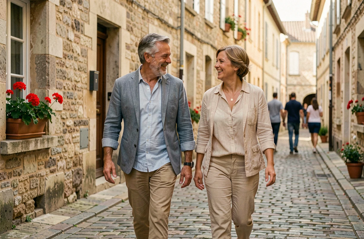 Couple discret marchant dans une rue pavée française, évoquant la vie conjugale et le mariage de Véronique Jacquier
