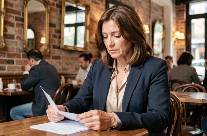 Véronique Jacquier journaliste femme professionnelle dans un café parisien, vie privée et parcours personnel