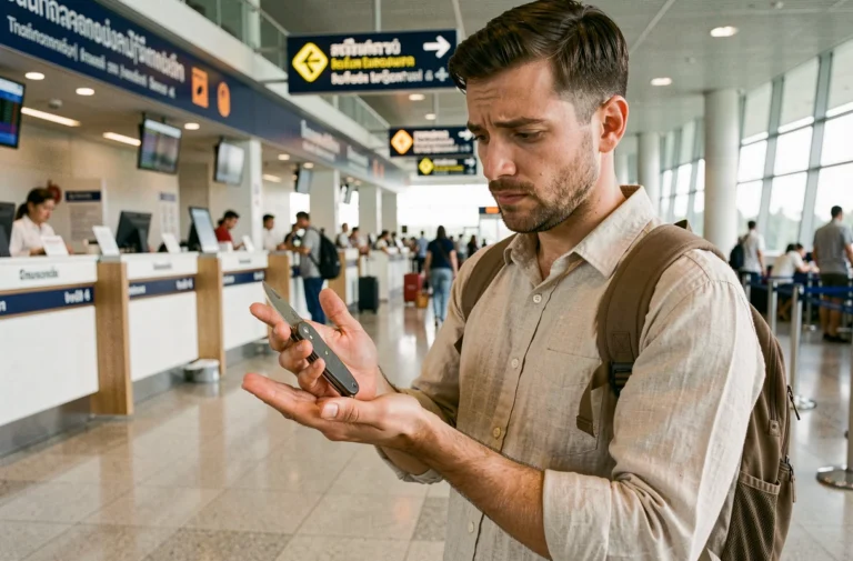 Voyageur tenant un couteau de poche à un poste de douane de l'aéroport de Bangkok en Thaïlande